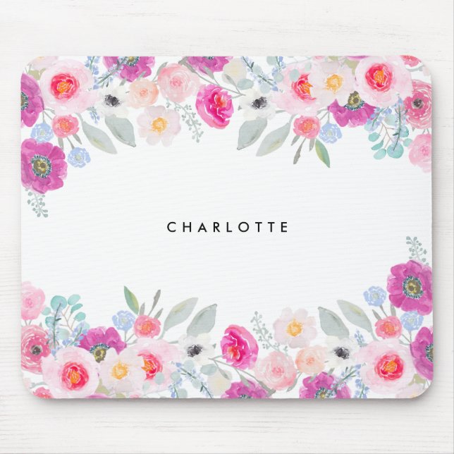Pastellrosa und Lila Wasserfarben Blumengarten Mousepad (Vorne)