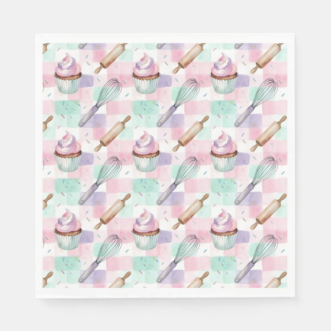 Pastellrosa und Minz-Cupcake-Backmuster Serviette (Vorderseite)