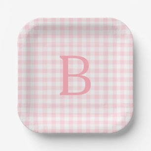 Pastellrosa und weiß kariert mit Monogramm Pappteller