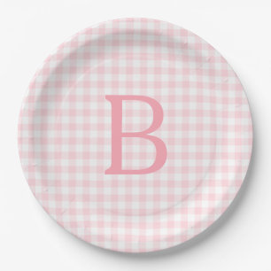 Pastellrosa und Weiße Gingham Monogram Pappteller