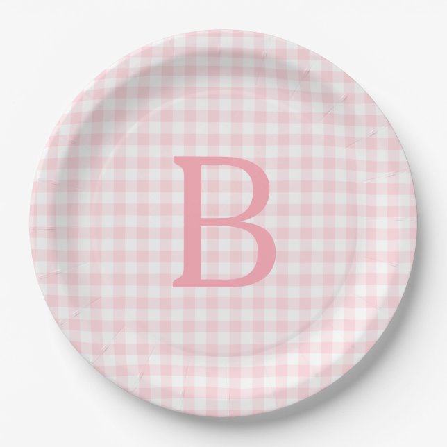 Pastellrosa und Weiße Gingham Monogram Pappteller (Vorderseite)