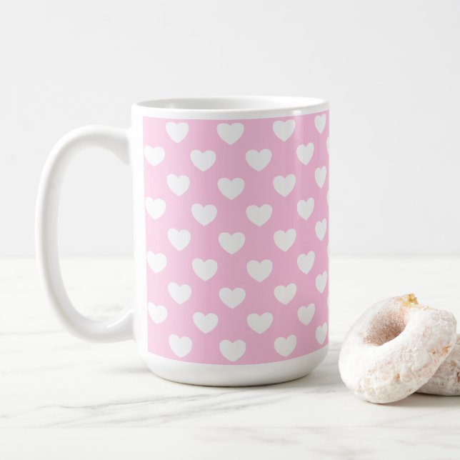 Pastellrosa und Weiße Herzen Kaffeetasse (Mit Donut)