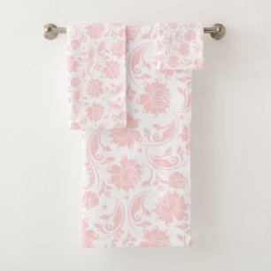 Pastellrosa und weißes vintage Damastmuster Badhandtuch Set