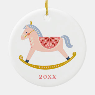 Pastellrosa Vintage 1. Weihnachten Schaukelpferd Keramik Ornament
