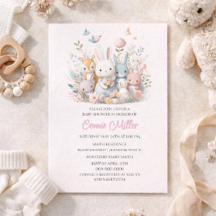 Pastellrosa Waldtiere Baby Shower Einladung