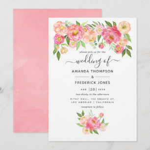 Pastellrosa Wasserfarben-Pfingstrosen-Hochzeit Einladung