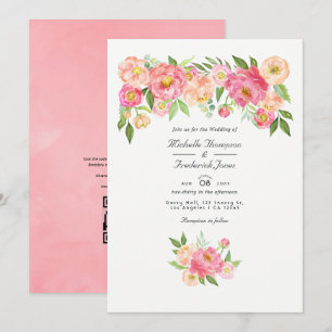 Pastellrosa Wasserfarben-Pfingstrosen QR-Code RSVP Einladung