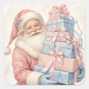 Pastellrosa Weihnachtsmann mit Geschenken Quadratischer Aufkleber