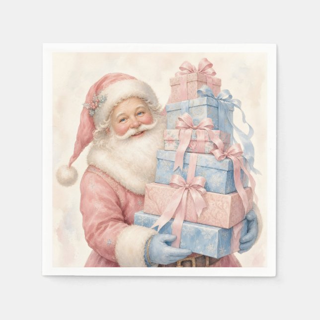Pastellrosa Weihnachtsmann mit Geschenken  Serviette (Vorderseite)