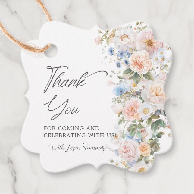 Pastellrosa Weiß Blau Blumen Hochzeits-Babyshower Geschenkanhänger (Vorderseite)