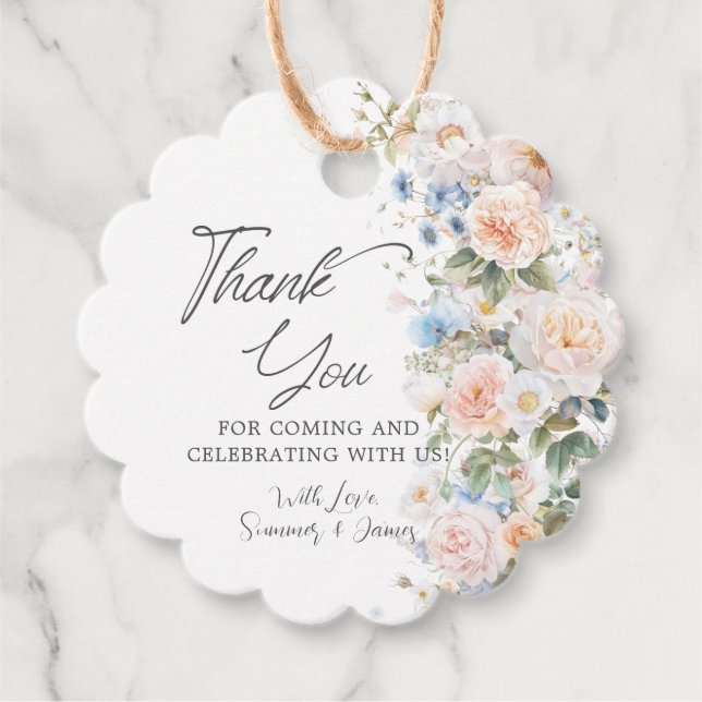 Pastellrosa Weiß Blaues Blumen Hochzeits Babyshowe Geschenkanhänger (Vorderseite)