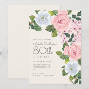 Pastellrosa-weiße Blumige 80. Geburtstagsfeier für Einladung