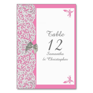 Pastellrosa-weiße Damastelhochzeit Tischnummer