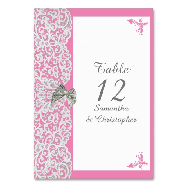 Pastellrosa-weiße Damastelhochzeit Tischnummer (Vorderseite)