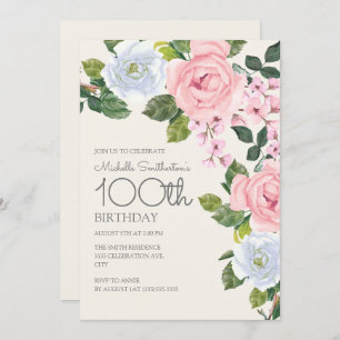 Pastellrosa Weiße Flora Frau 100. Geburtstag Einladung
