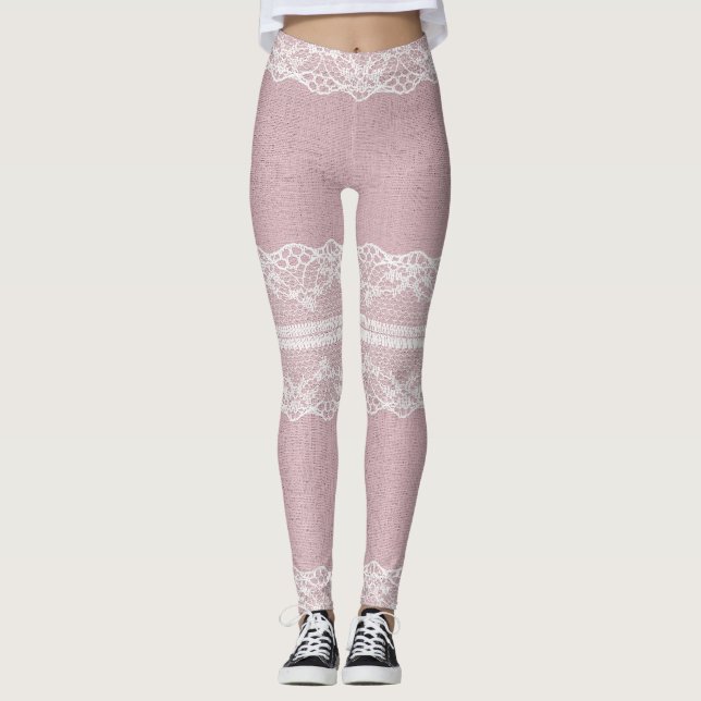 Pastellrosa, weiße Spitzentextur Leggings (Vorderseite)