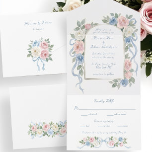 Pastellrosa, weiße und blaue Rosen und Bogen mit B All In One Einladung
