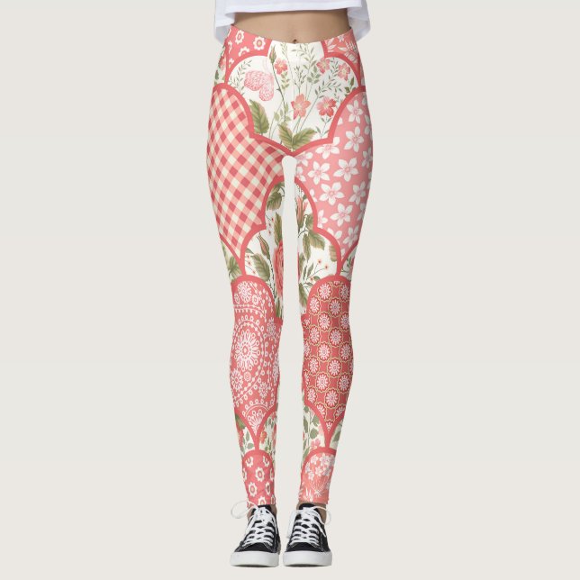 Pastellrosen Blumen-Patchwork-Muster Leggings (Vorderseite)