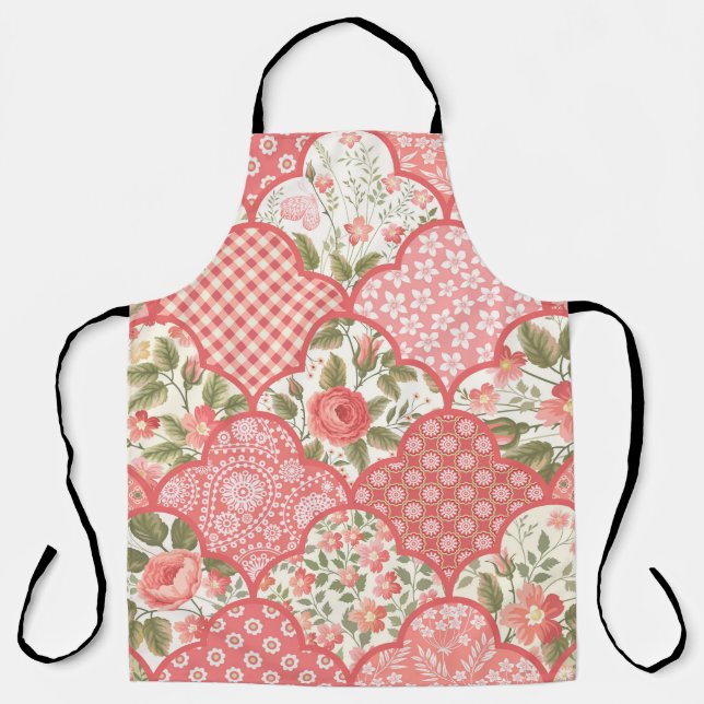 Pastellrosen Blumen-Patchwork-Muster Schürze (Vorderseite)