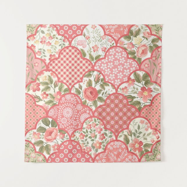 Pastellrosen Blumen-Patchwork-Muster Wandteppich (Vorderseite)