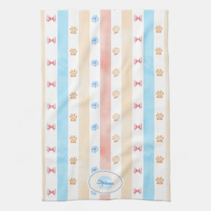 Pastellstreifen - Paw-Prints, blaue Blume, rosa Bo Geschirrtuch