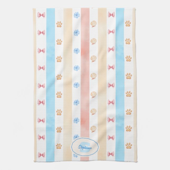 Pastellstreifen - Paw-Prints, blaue Blume, rosa Bo Geschirrtuch (Vertikal)