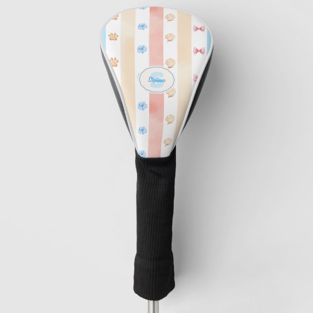 Pastellstreifen - Paw-Prints, blaue Blume, rosa Bo Golf Headcover (Vorderseite)