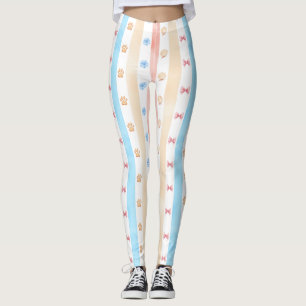 Pastellstreifen - Paw-Prints, blaue Blume, rosa Bo Leggings