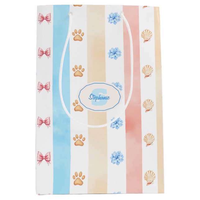 Pastellstreifen - Paw-Prints, blaue Blume, rosa Bo Mittlere Geschenktüte (Vorderseite)