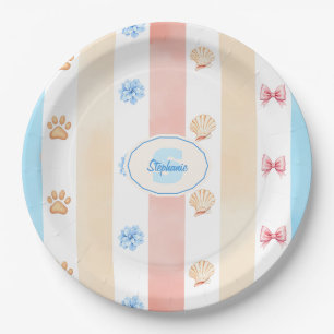 Pastellstreifen - Paw-Prints, blaue Blume, rosa Bo Pappteller