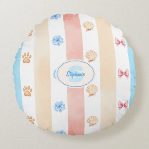 Pastellstreifen - Paw-Prints, blaue Blume, rosa Bo Rundes Kissen