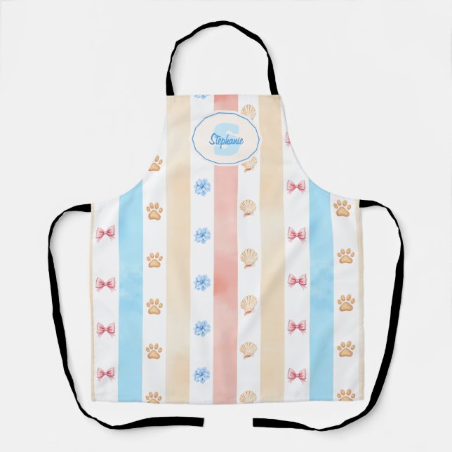 Pastellstreifen - Paw-Prints, blaue Blume, rosa Bo Schürze (Vorderseite)