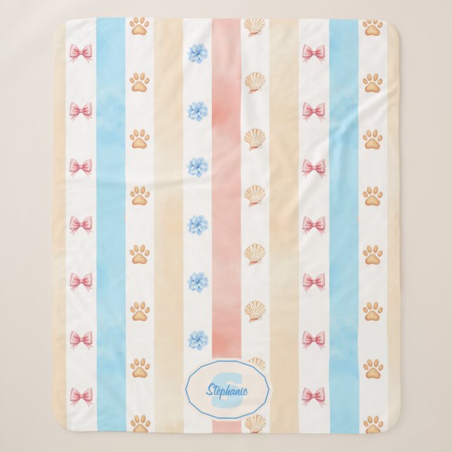 Pastellstreifen - Paw-Prints, blaue Blume, rosa Bo Sherpadecke (Vorderseite)