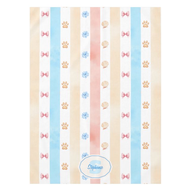 Pastellstreifen - Paw-Prints, blaue Blume, rosa Bo Tischdecke (Vorderseite)
