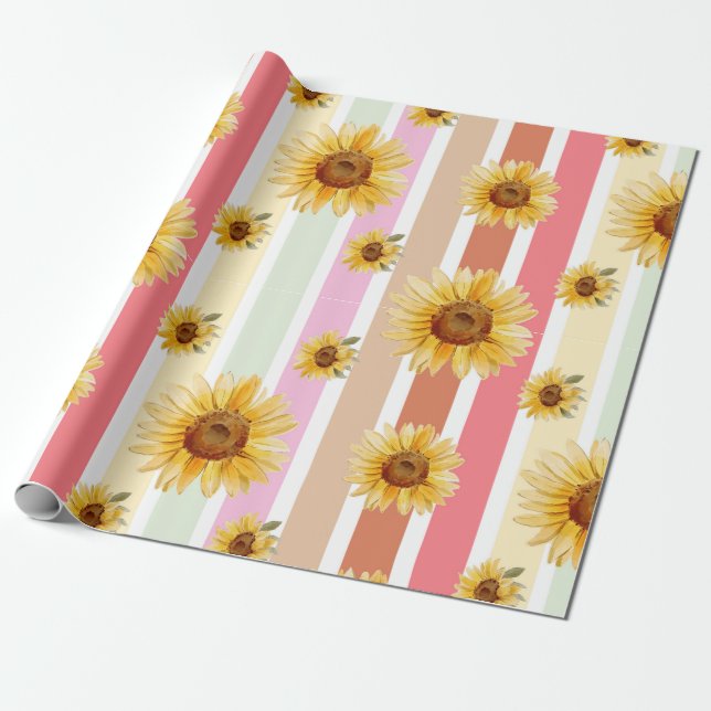 Pastellstreifen Sonnenblumen Geschenk Packpapier (Ungerollt)