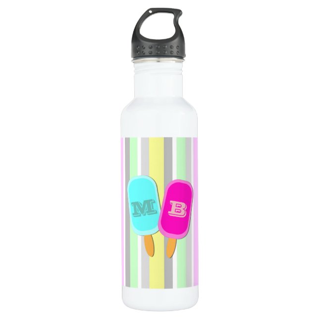 Pastellstreifen und Popsicles Monogramm Edelstahlflasche (Vorderseite)