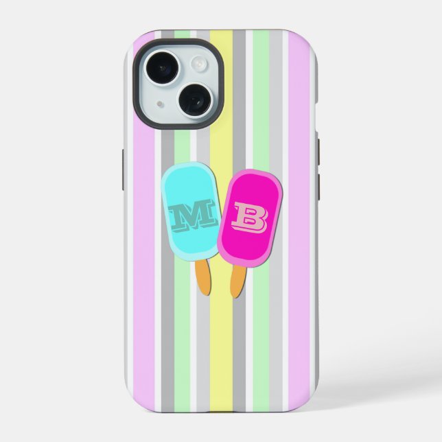Pastellstreifen und Popsicles Monogramm iPhone 15 Hülle (Rückseite)