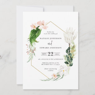 Pastelltropische + goldene, geometrische Hochzeits Save The Date