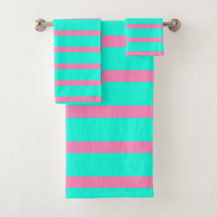 Pastelltürkis, blau-grün und rosa Streifen Badhandtuch Set