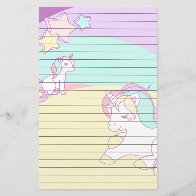 PastellUnicorns im gelben lila Rosa und in Briefpapier (Vorderseite)