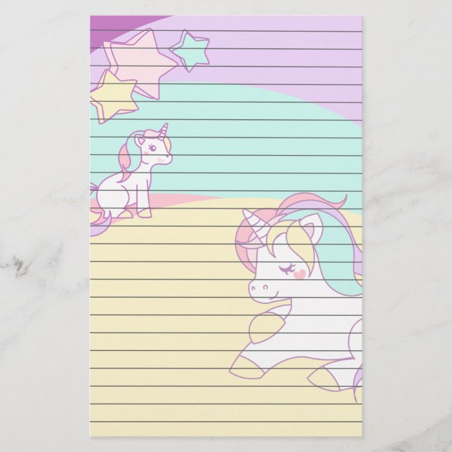 PastellUnicorns im gelben lila Rosa und in Briefpapier (Vorderseite)