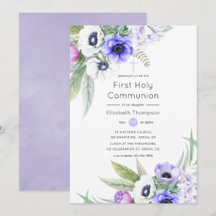 Pastellviolettes und Pflaumenblüten-Heilige Kommun Einladung