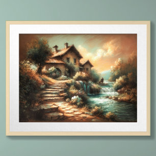 Pastellzeichnung im Vintage-Stil Landschaft Wasser Poster