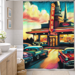 Pastellzeichnung Vintage-Diner und Autos Duschvorhang