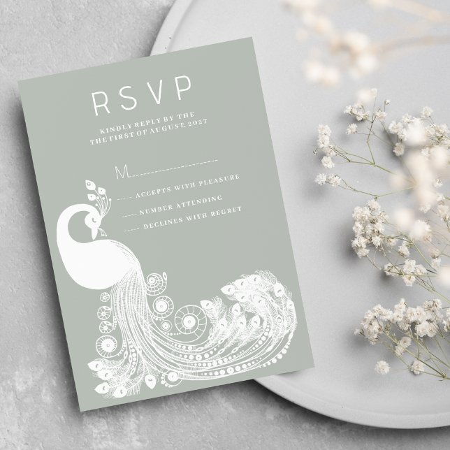 Pastelminze, weißer königlicher Pfau, eleganter UA Einladung (Pastel mint white royal peacock elegant RSVP )