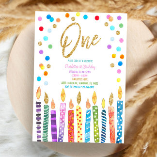 Pastelregenbogen-Kerzenkonfetti 1. Geburtstag Einladung