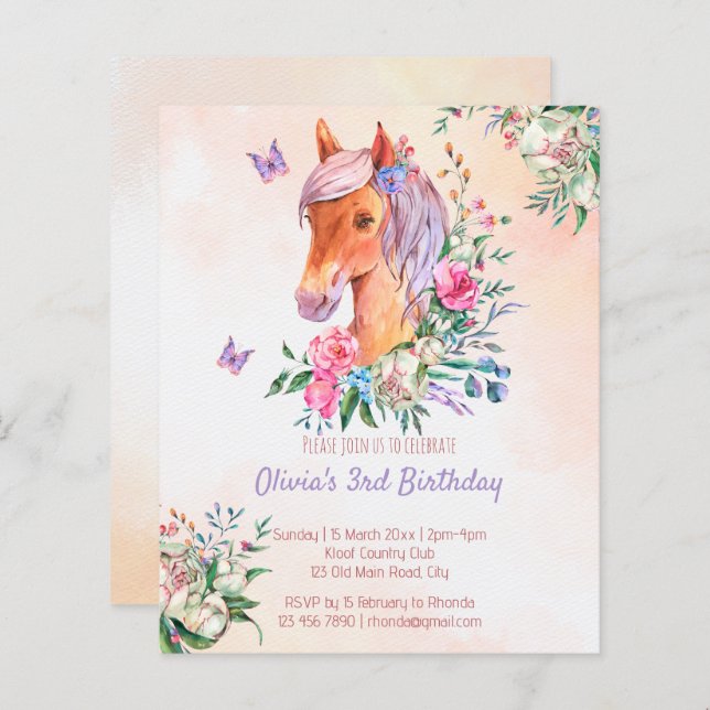 Pastelrosa Kinderbudget Geburtstagseinladung (Vorne/Hinten)