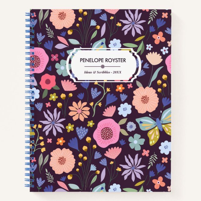 Pastels & Dark Plum Floral Pattern Name Notebook Notizbuch (Vorderseite)