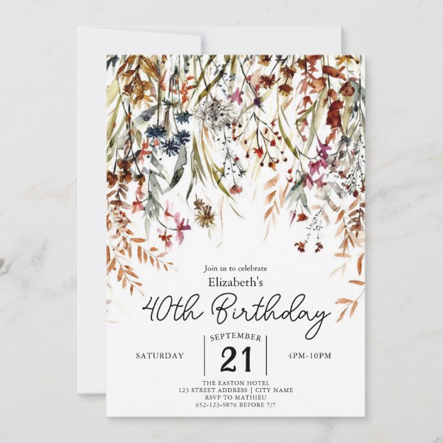 Pastels Garden Wildblumen 40. Geburtstag Einladung (Vorderseite)