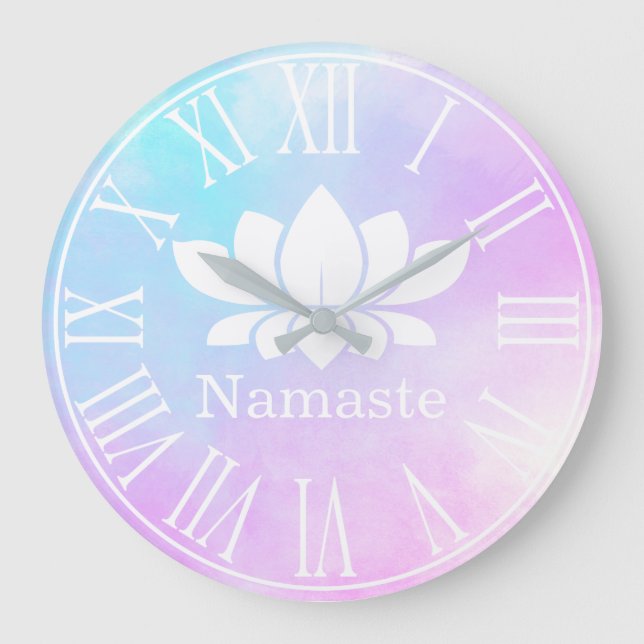 Pastels White Lotus Blume Namaste Yoga Große Wanduhr (Vorderseite)